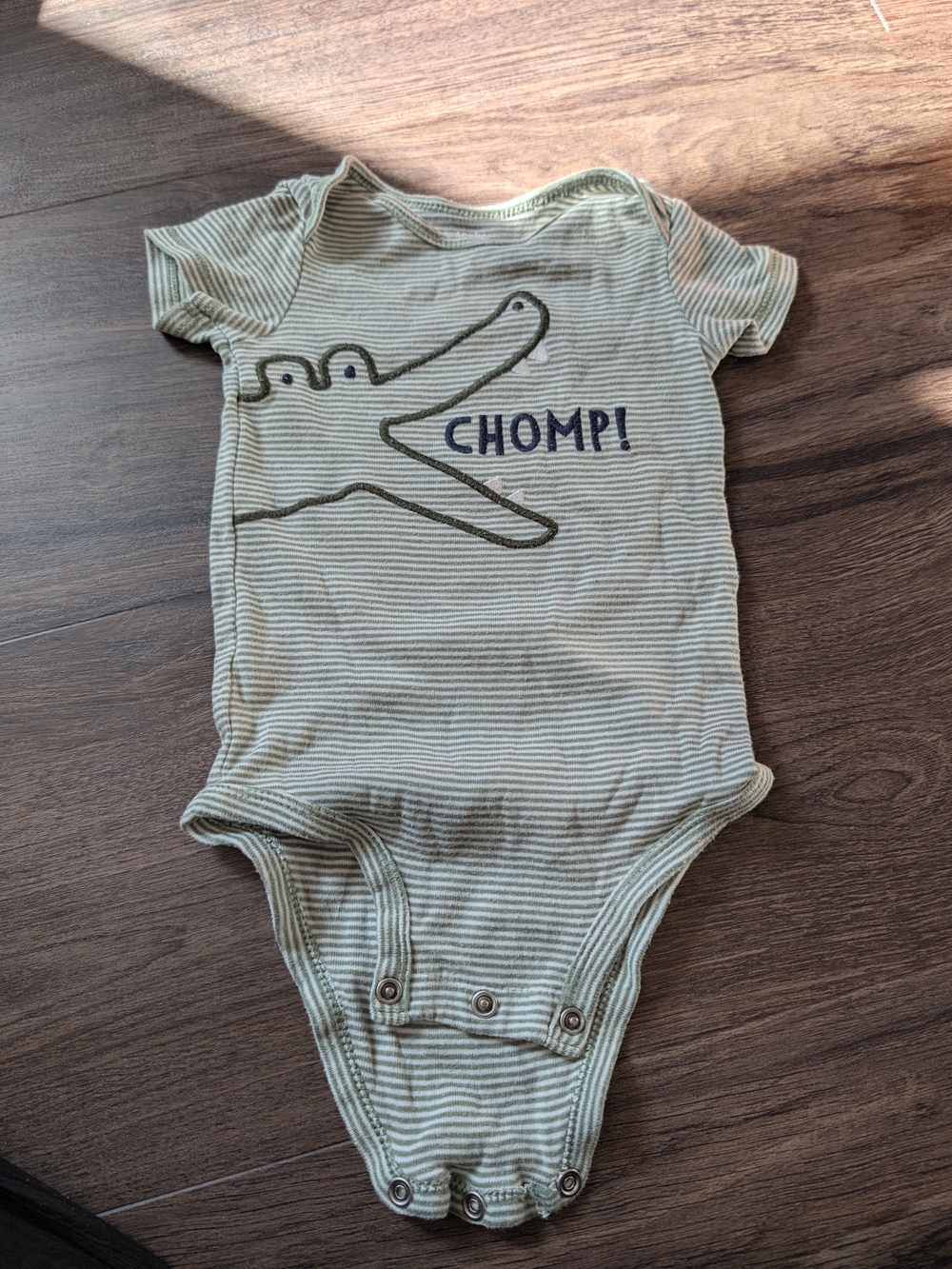Carter's | Light Green Stripe Alligator 'CHOMP!' Baby Onesie - 12M